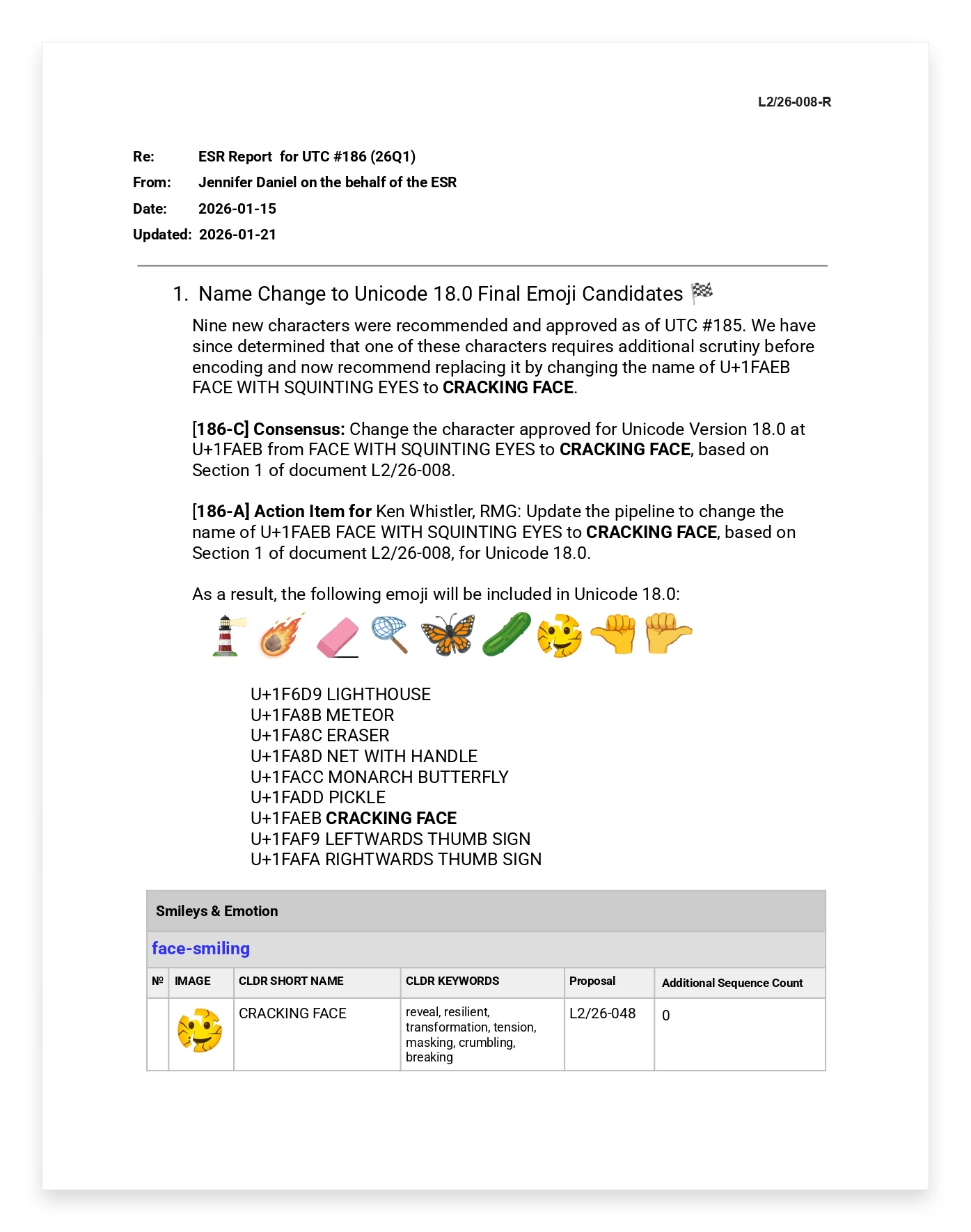 A draft document listing new emojis from January 21, 2026, official Unicode documentation