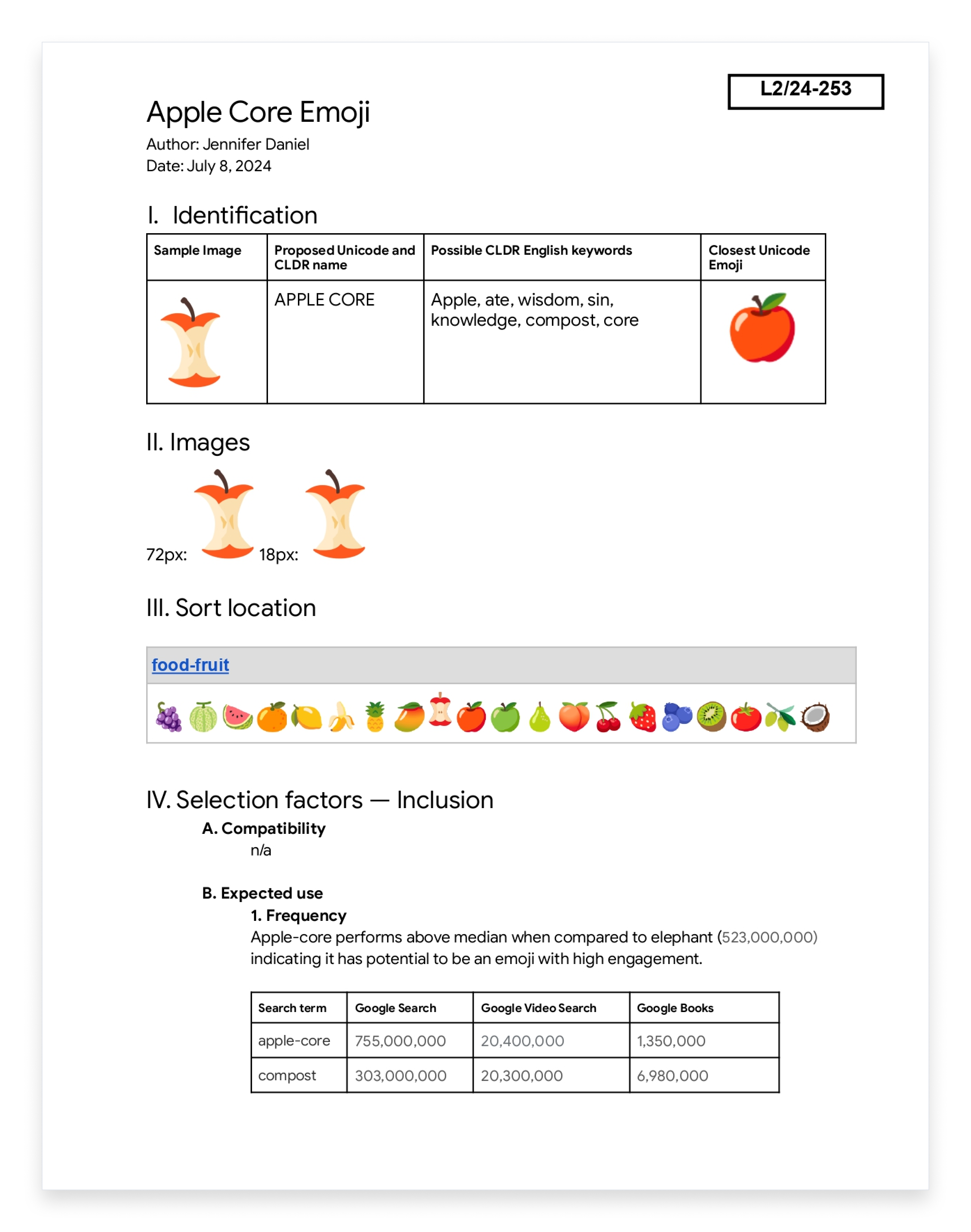 Apple Core emoji proposal, July 8, 2024, author Jennifer Daniel