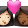 Kiss: Woman, Woman, Light Skin Tone, Medium-Dark Skin Tone Emoji 👩🏻‍❤️‍💋‍👩🏾 image - Apple style