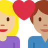 Couple With Heart: Woman, Man, Medium-Light Skin Tone, Medium Skin Tone Emoji 👩🏼‍❤️‍👨🏽 image - Twitter / X (Twemoji) style