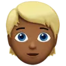 Person: Medium-Dark Skin Tone, Blond Hair Emoji 👱🏾 image - Apple style