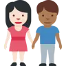 Woman And Man Holding Hands: Light Skin Tone, Medium-Dark Skin Tone Emoji 👩🏻‍🤝‍👨🏾 image - Twitter / X (Twemoji) style