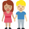 Woman And Man Holding Hands: Medium Skin Tone, Medium-Light Skin Tone Emoji 👩🏽‍🤝‍👨🏼 image - Twitter / X (Twemoji) style