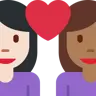 Couple With Heart: Woman, Woman, Light Skin Tone, Medium-Dark Skin Tone Emoji 👩🏻‍❤️‍👩🏾 image - Twitter / X (Twemoji) style