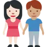 Woman And Man Holding Hands: Light Skin Tone, Medium Skin Tone Emoji 👩🏻‍🤝‍👨🏽 image - Twitter / X (Twemoji) style
